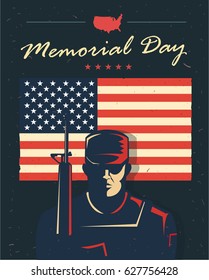 Memorial day card. Soldier against american flag. Vector illustration. Patriotic poster