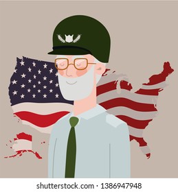 memorial day card with veteran and usa flag in map
