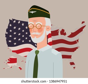 memorial day card with veteran and usa flag in map