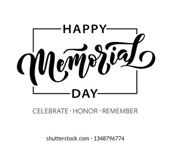Memorial Day. Celebrate Honor Remember. Vector illustration Hand drawn text lettering with stars for Memorial Day in USA. Script. Calligraphic design for print greetings card, sale banner, poster.