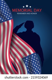 Memorial Day celebration with American Flag and soldier shape. Text "Memorial Day - in honor of our Heroes" on blue background