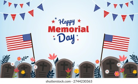 memorial day celebration background featuring patriotic bunting flags and cemetery headstone garden