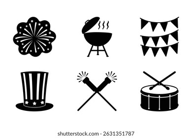 Memorial Day Celebration Elements Fireworks, Barbecue, Patriotic Hat, Sparklers, Flags, and Marching Band Drum