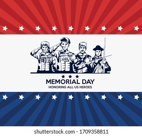 memorial day celebration poster with troop of heroes vector illustration design