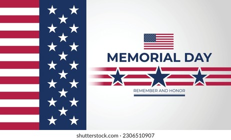 Memorial Day, Memorial Day Celebration USA, American national holiday, Remember and Honor, Poster and Banner template text and waving american flag Vector illustration for Banner Poster