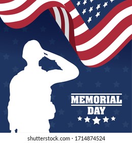 Memorial Day celebration with usa flag and soldier silhouette vector illustration design