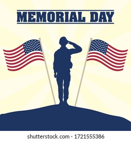 Memorial Day celebration with usa flags and soldier silhouette vector illustration design