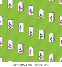 Memorial day cemetery seamless pattern with veterans headstones and us flags