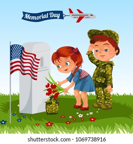 Memorial Day, childs in military uniform on cemetery, little girl and boy on grave war veteran, family children honoring memory fallen heroes, us flag vector illustration