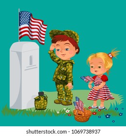 Memorial Day, childs on military cemetery, little girl and boy on grave war veteran, children honoring memory fallen heroes, us flag vector illustration