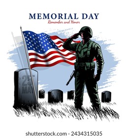 Memorial day clipart or symbol. Soldiers silhouette saluting the USA flag