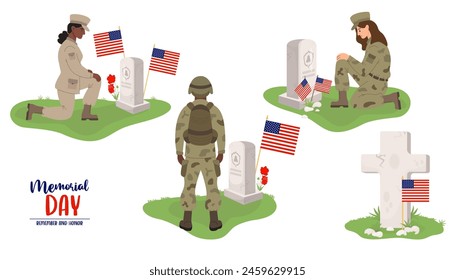 Memorial Day collection. Veterans Military Cemetery. Diverse soldier man and women stand on one knee in front of graves with American flags. Vector illustration in flat style. Isolated elements .