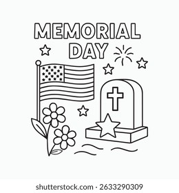 Memorial Day Coloring Page with Flag Flowers and Gravestone