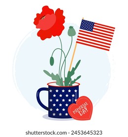 Memorial Day congratulation card. American flags in cup with red poppy flower. Vector illustration for design national traditional holidays and Independence Day