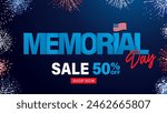 Memorial Day creative special offer up to 50 off, sale banner. Text banner design with colorful fireworks and flag. Vector illustration