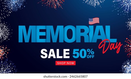 Memorial Day creativo oferta especial hasta 50 de descuento, venta Anuncio. Diseño de Anuncio de texto con coloridos fuegos artificiales y bandera. Ilustración vectorial