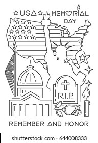 Memorial Day design concept. Set of linear icons for the United States Memory Day. Vector illustration