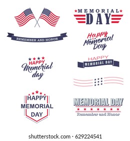 Memorial day design elements. Happy Memorial Day, Remember and Honor lettering for holiday design. Isolated on white background. Vector illustration.