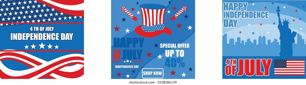 Memorial day  design with honoring all who served text. 4 th of July Sale poster. American Independence Day with the Statue of Liberty. Set flat vector modern illustration 