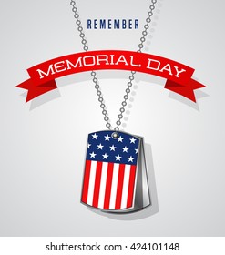 Memorial Day design with soldier dog tags, banner and flag