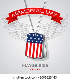 Memorial Day design with soldier's dog tags  with wings background. American flag on id tags. Square design for social media and banners. Vector illustration.