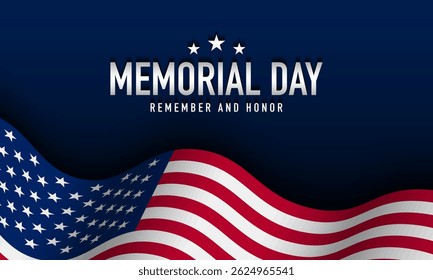 Memorial Day Design Template with Waving USA Flag Illustration (Modelo de design do Dia em Memória às Vítimas de Guerra com Ilustração de Bandeira dos EUA em Onda). Bom para banner, pôster, cartão comemorativo.