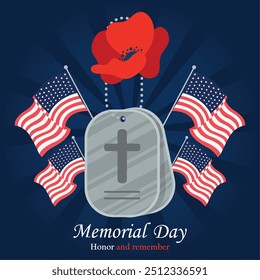 Memorial Day dog tags with poppy and American flags on dark background Vector illustration