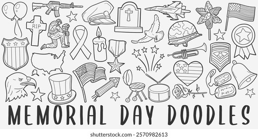 Memorial Day Doodle Icons. Hand Made Line Art. United State Holidays Clipart Logotype Symbol Design.	