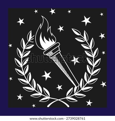 Memorial Day Emblem with Torch and Laurel Wreath, Patriotic Line Art Illustration for Remembrance and National Holiday Concepts