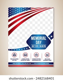 Memorial Day event flyer Template Design. vertical layout poster templates. Vector illustration with space for photo or image. USA flag with blue star frame. Cover, A4 Size, brochure with infographic