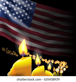 Memorial day. Flag and lighted candles