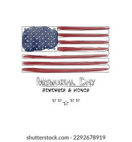 Memorial Day, flag of the United States of America. Drawing in watercolor style.