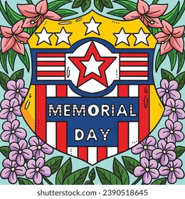 Memorial Day Flowers and Flag Badge Colored 