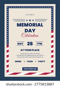 Memorial Day flyer template. Poster template for memorial day event. United States national day invitation template.