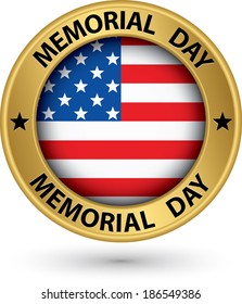 Memorial day gold label with USA flag, vector illustration