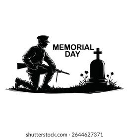 Memorial day graphic featuring kneeling soldier and tombstone in remembrance and honor