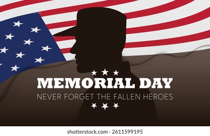 Memorial Day Graphic with Soldier and US Flag on Dark Brown Background