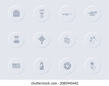 iconos vectoriales grises del día conmemorativo en botones de goma redondos. juego de iconos del día conmemorativo para web, aplicaciones móviles, diseño ui y poligrafía de negocios de promoción