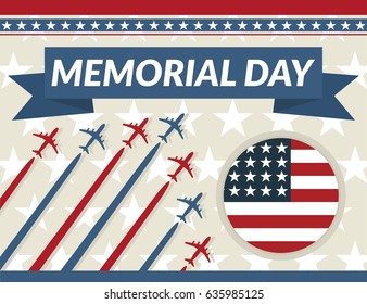 Memorial Day greeting card with airplanes and flag. Vector illustration.
