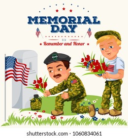 Memorial day greeting card, American veterans lay flowers at white tombstone of monument with us flag, soldiers in uniform remember and honor memory of hero, vector illustration