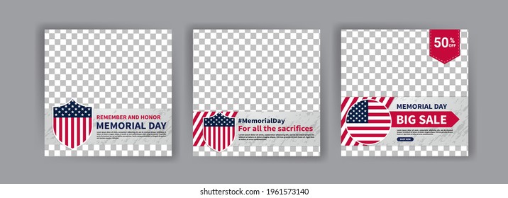 Memorial day greeting card displayed with the national flag of the United States of America. Social media templates for memorial day.