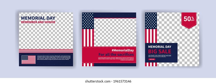 Memorial day greeting card displayed with the national flag of the United States of America. Social media templates for memorial day.