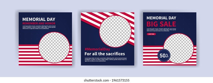 Memorial day greeting card displayed with the national flag of the United States of America. Social media templates for memorial day.