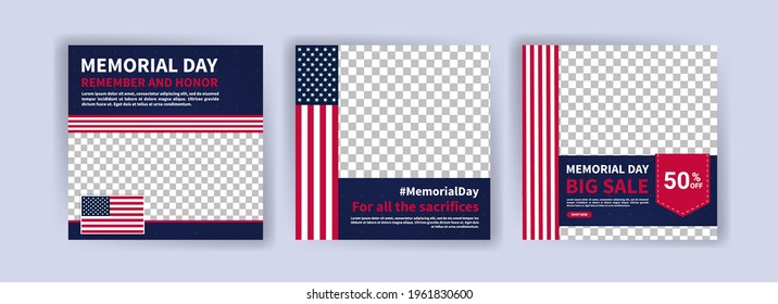 Memorial day greeting card displayed with the national flag of the United States of America. Social media templates for memorial day.