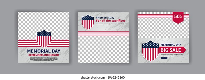 Memorial day greeting card displayed with the national flag of the United States of America. Social media templates for memorial day.