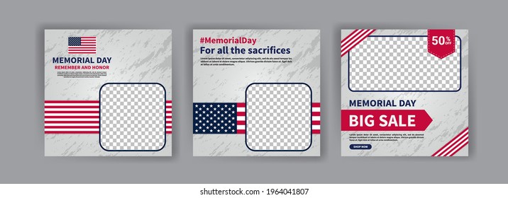 Memorial day greeting card displayed with the national flag of the United States of America. Social media templates for memorial day.