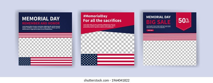 Memorial day greeting card displayed with the national flag of the United States of America. Social media templates for memorial day.