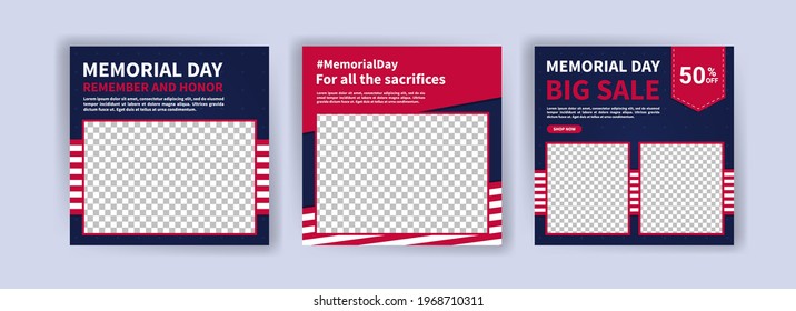 Memorial day greeting card displayed with the national flag of the United States of America. Social media templates for memorial day.