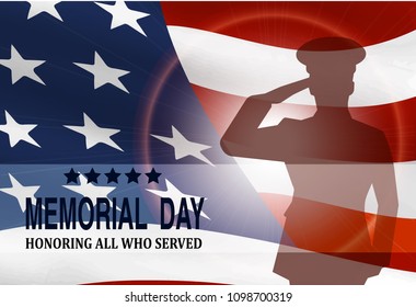 Memorial day. Greeting card with flag and soldier on background.