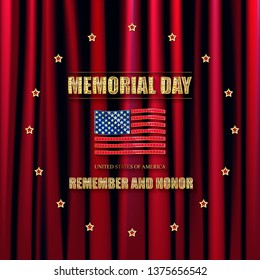 Memorial day. Greeting card. Gold inscription on red curtain background. Vector illustration